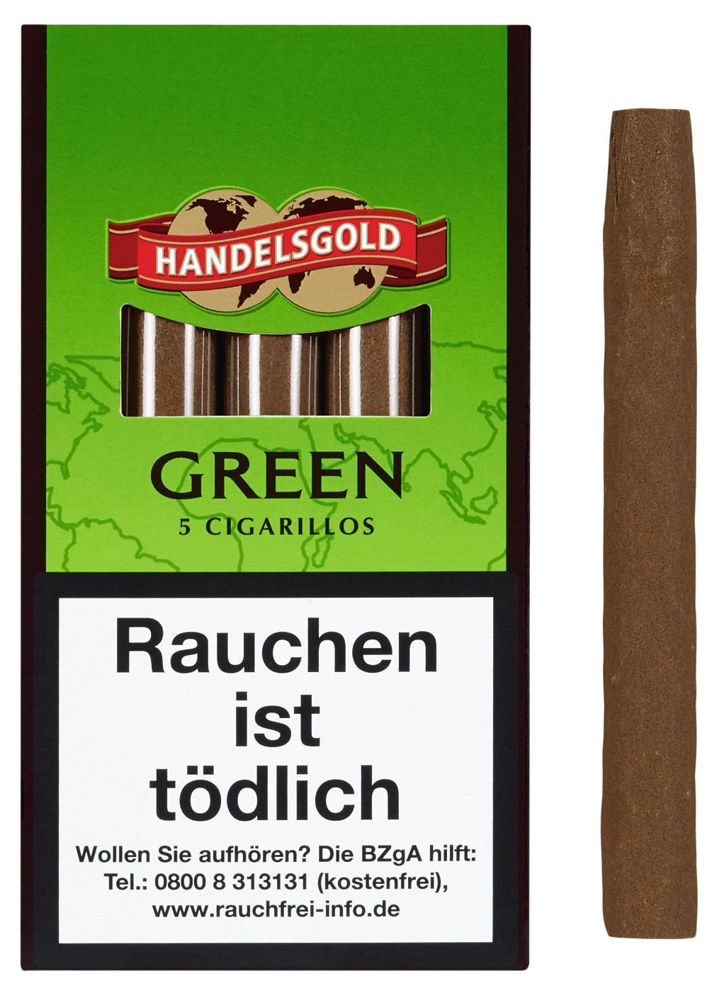Grüne 5er Packung Handelsgold Zigarillos 205 Green (Apple) mit weißem Etikett, das den Markennamen "Handels Gold", die Sorte "GREEN" und den Hinweis "5 CIGARILLOS" in weißer Schrift zeigt. Eine einzelne braune Zigarillo liegt neben der Packung, die auch e
