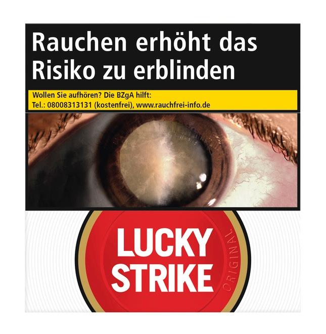 Packung Lucky Strike Red Hercules Zigaretten, weiß mit rotem und goldenem ORIGINAL Label.