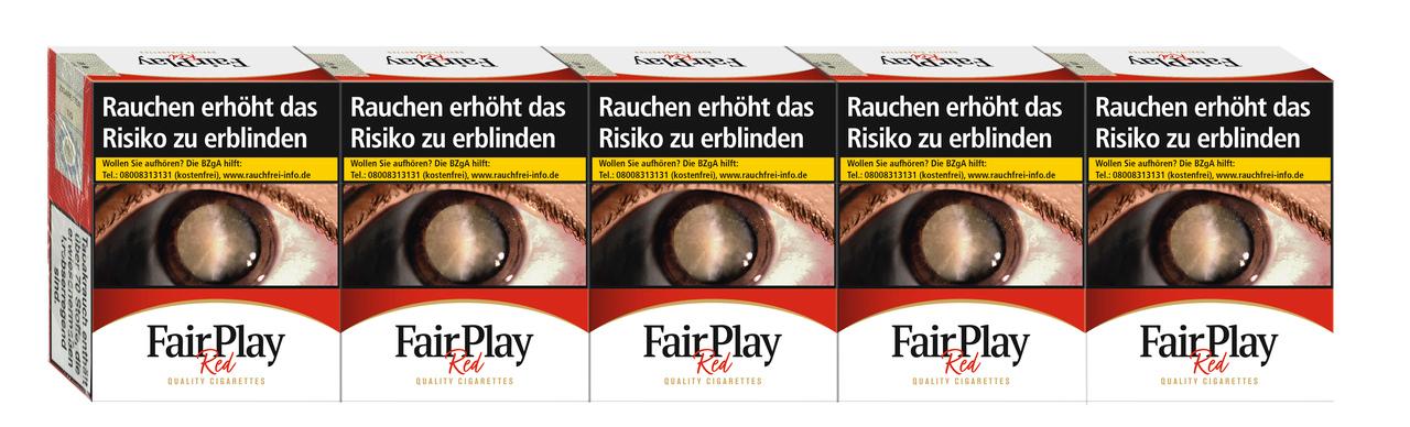 Fünf Packungen Fair Play Red King Zigaretten á 40 Stück, weiße Schachteln mit rotem Design und Augenmotiv.