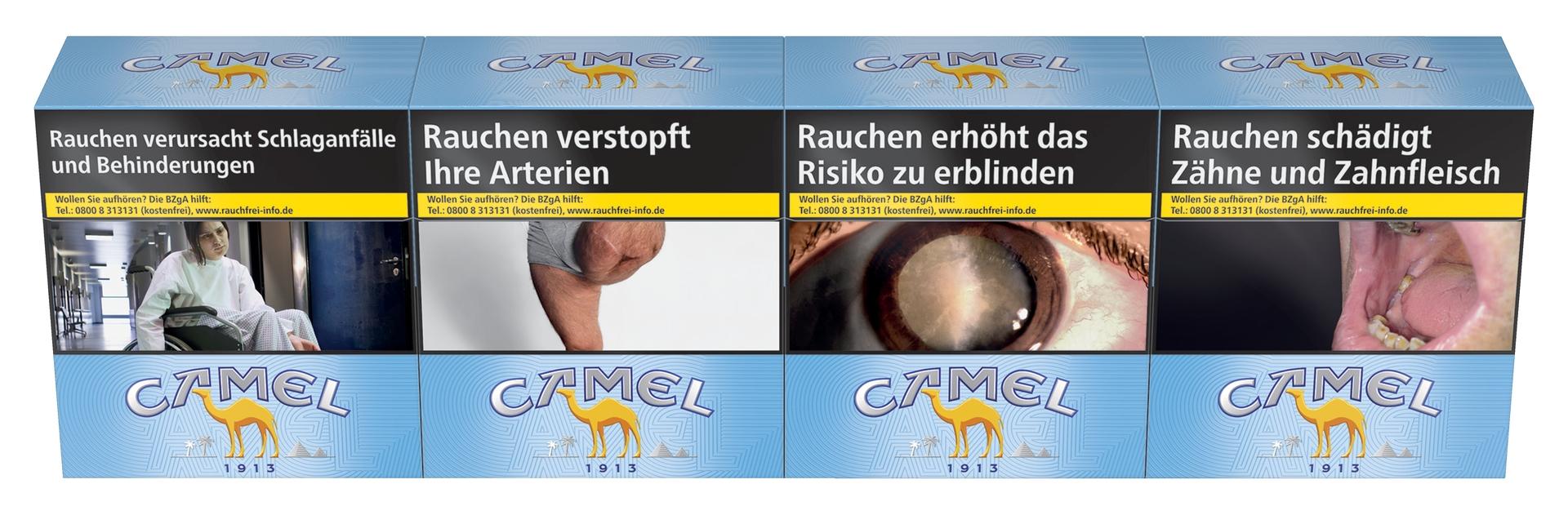 Mehrere Schachteln Camel Blue Zigaretten 6XL von Camel, Teil einer Verpackungseinheit von 3 Packungen á 56 Stück, mit Warnhinweisen.