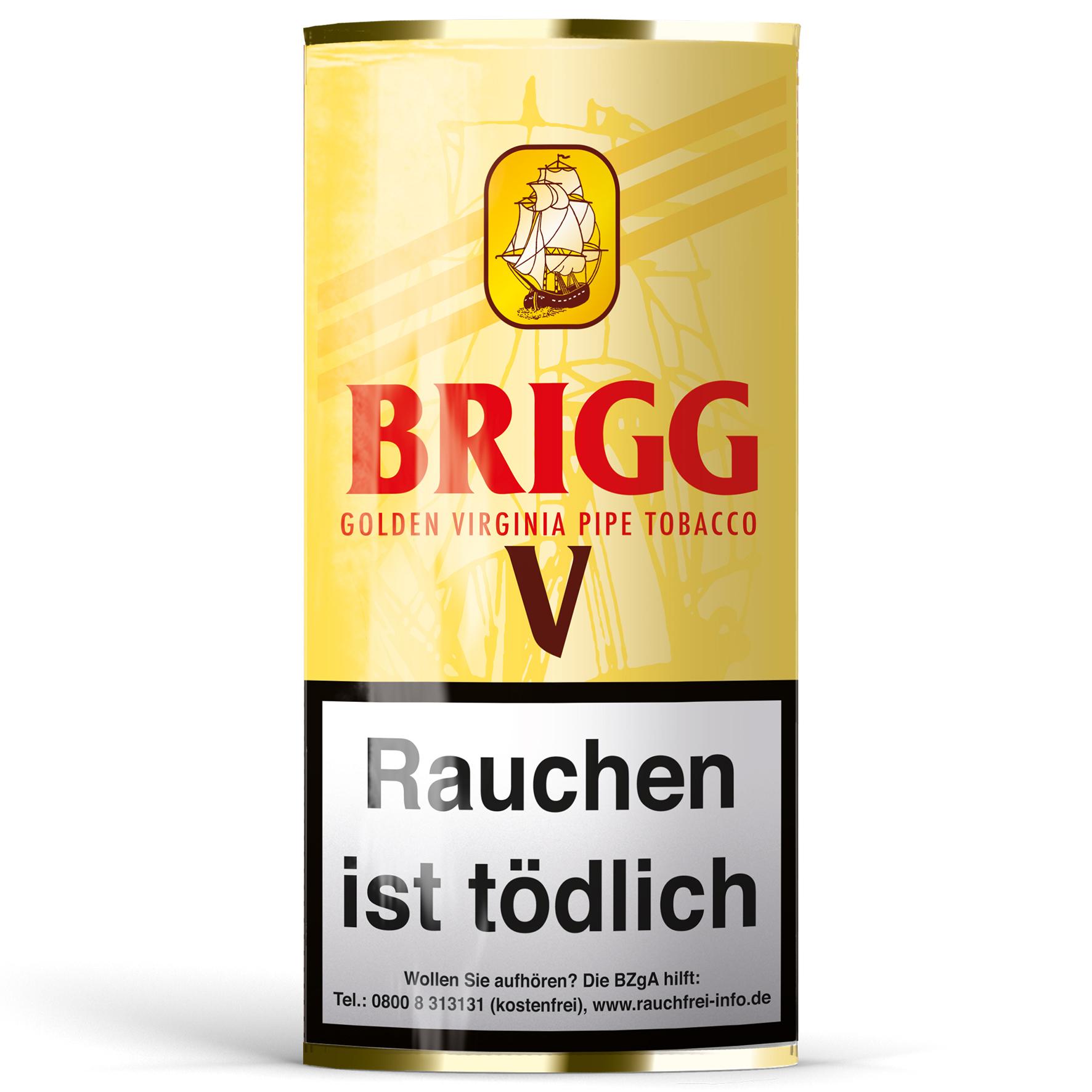 Gelbe zylindrische Dose Brigg V Pfeifentabak mit Markenlogo, Schiffssymbol und Warnhinweis, geliefert als Vorratspackung mit 5 Pouches à 40 Gramm.