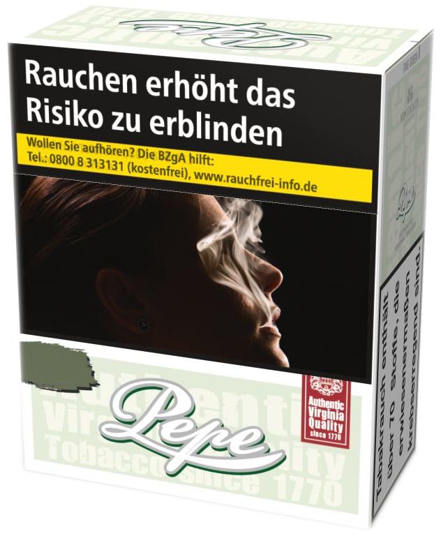Pepe Fine Green Zigaretten in der 40 Stück Packung mit Schriftzug Authentic Virginia Quality, gekennzeichnet mit gesetzlichem Warnhinweis.