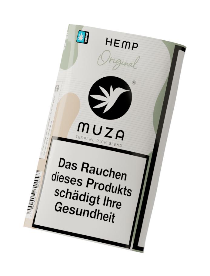 MUZA Hemp Original Tabakersatz in der 10 Gramm Packung, weißes Cover mit schwarzem Schriftzug, stilisierter Hanfblatt-Grafik und Gesundheitshinweis.