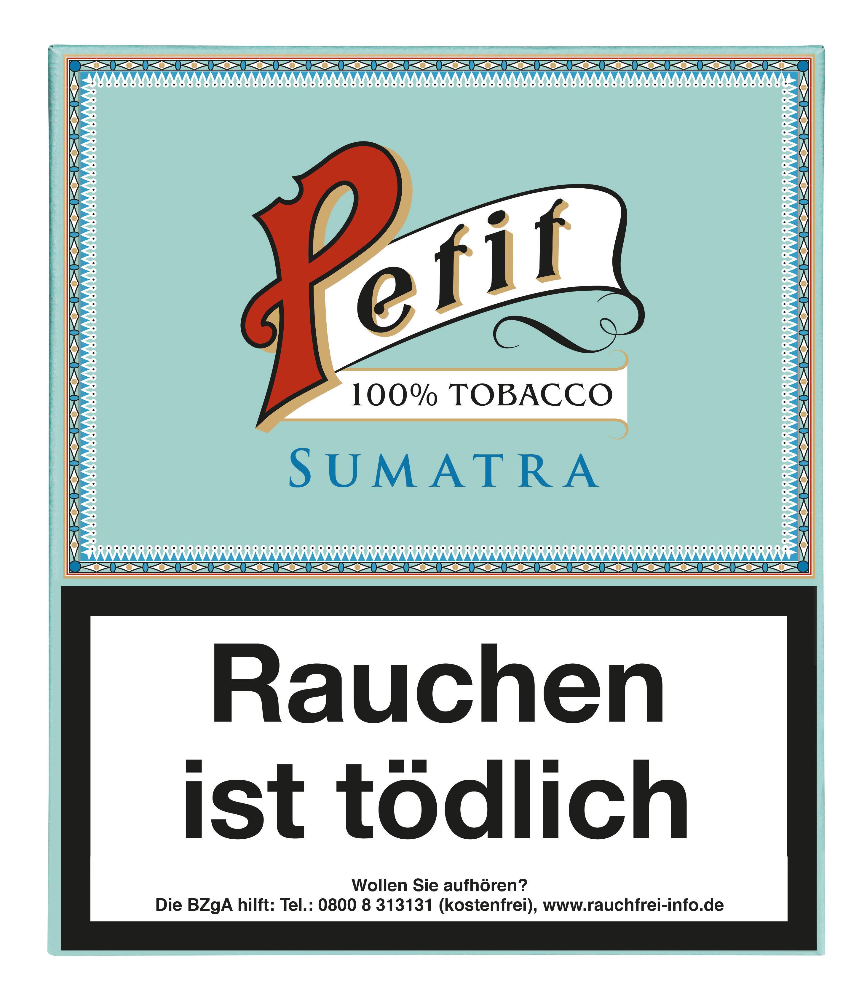 Nobel Petit Sumatra Zigarillos in einer Packung mit 20 Stück, gekennzeichnet durch ein helltürkises Etikett mit dem Markenlogo und gesetzlichen Warnhinweisen.