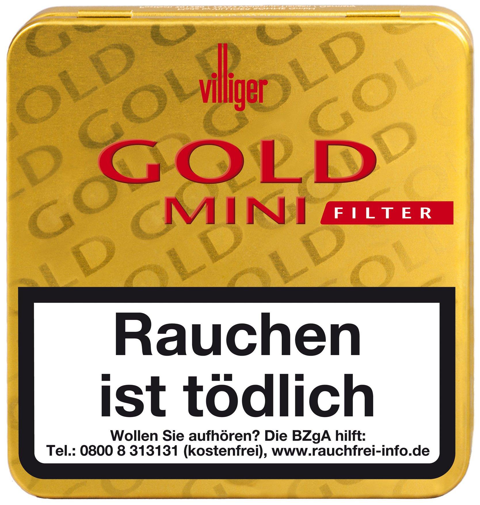 Villiger Gold Mini Filter Zigarillos in einer goldenen Metallschachtel mit 20 Stück Inhalt inklusive gesetzlichem Warnhinweis.