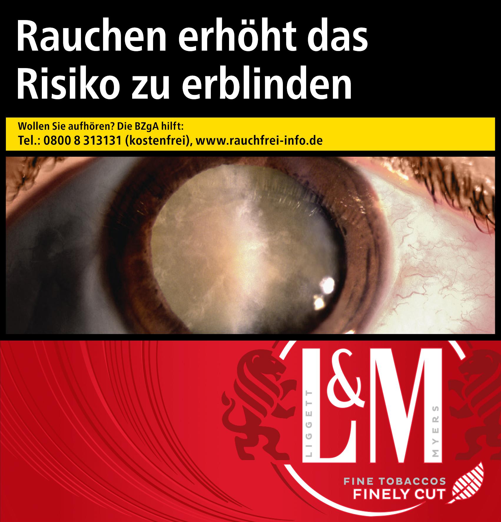 Rote L&M Red 7XL Zigarettenpackung mit weißem L&M Logo, Löwen-Detail und Warnhinweis, Inhalt 60 Stück.