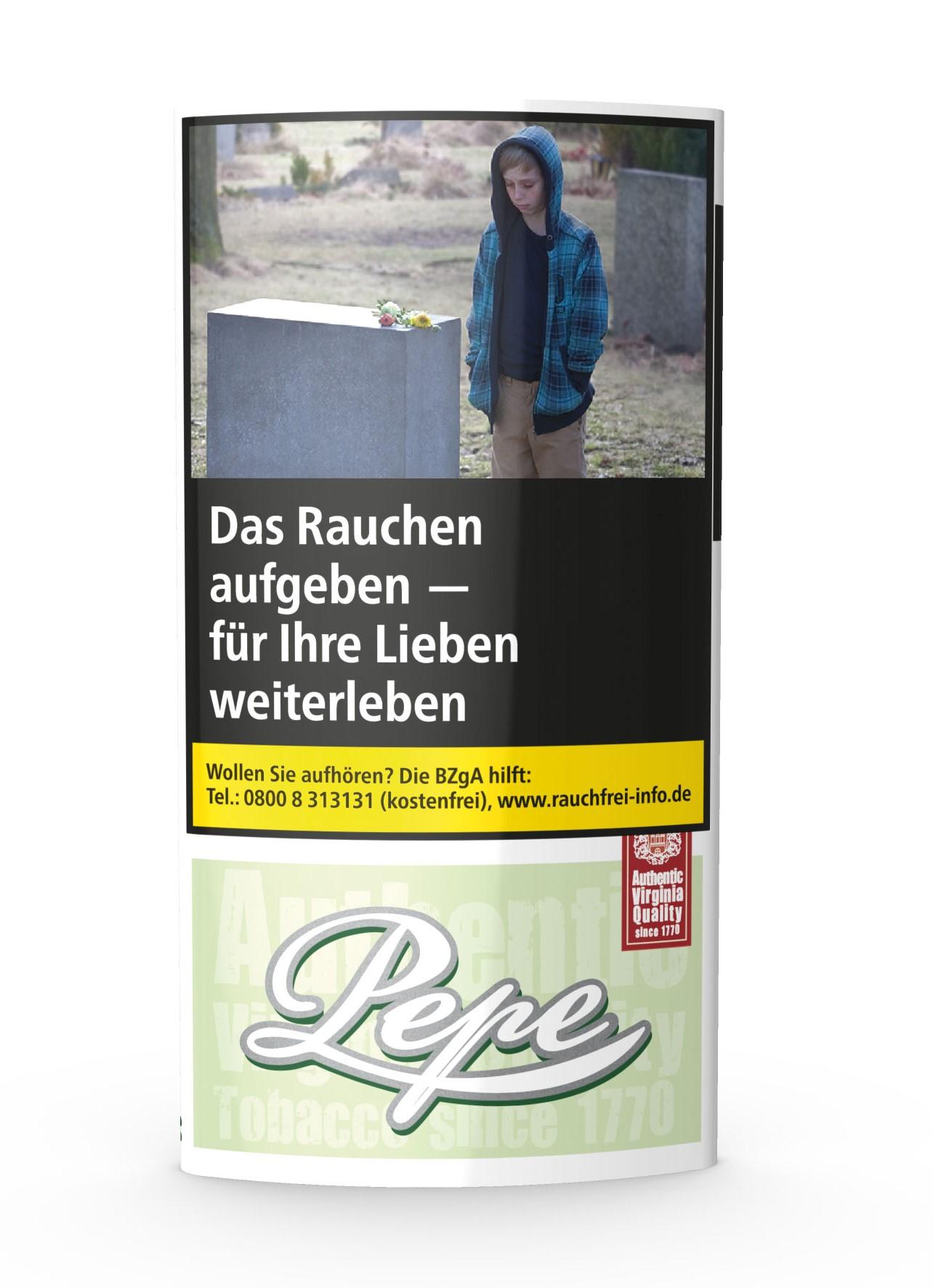Weiße Packung Pepe Bright Green Zigarettentabak von Pepe im Gebinde mit 5 Pouches à 30 Gramm und schwarz-grünem Label.
