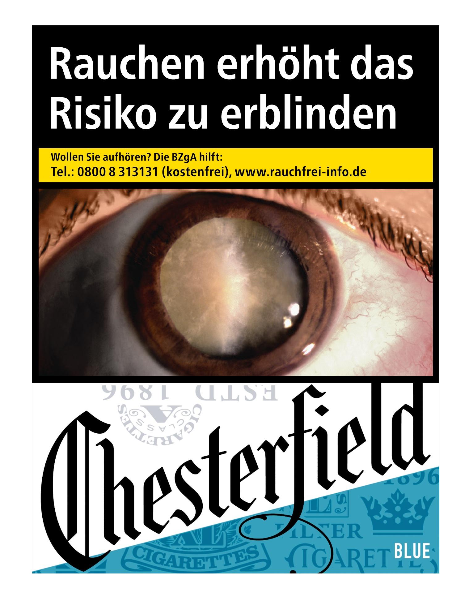 Chesterfield Blue XL Zigaretten Packung mit 25 Stück, typisches Design in Blau und Schwarz.