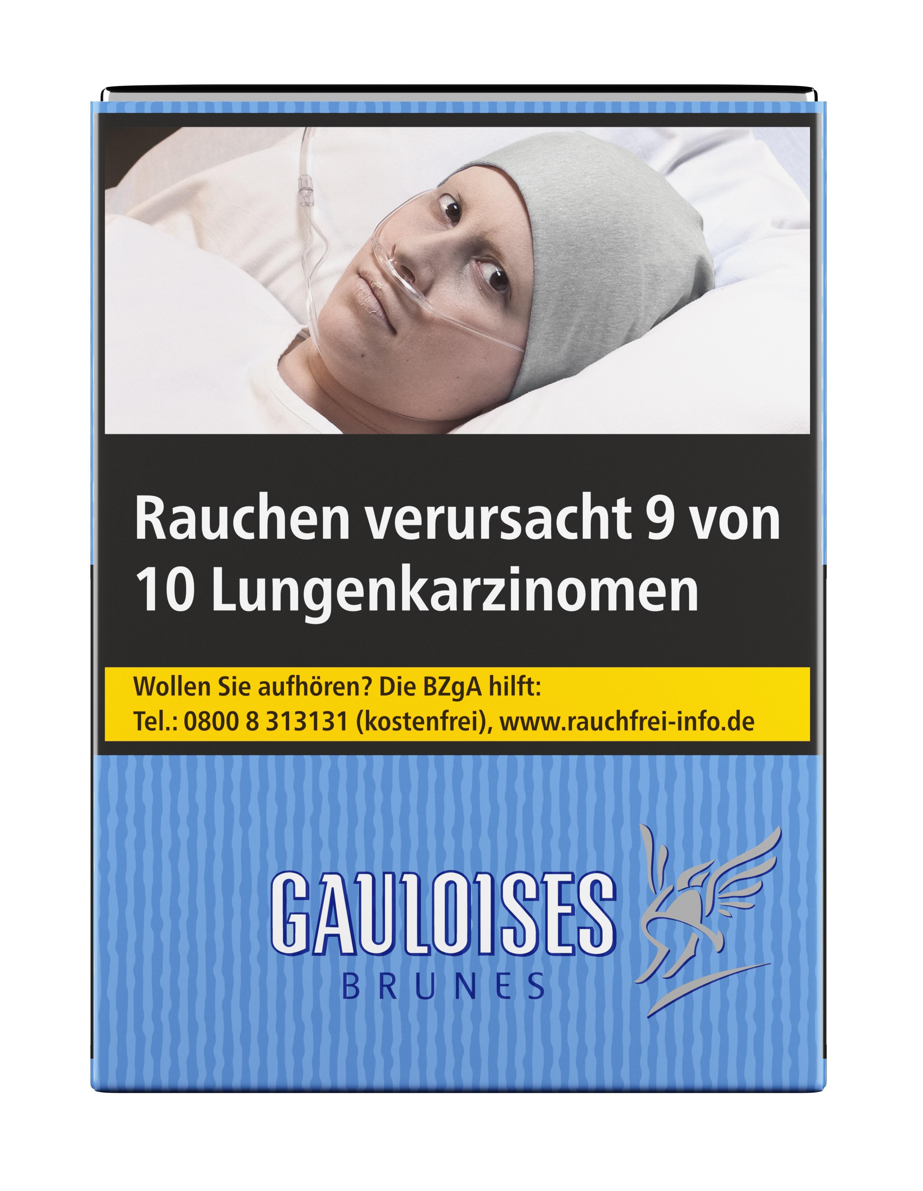 Gauloises Brunes Zigaretten, 1 Stange (10 Packungen). Blaue Zigarettenpackung mit weißem Warnlabel, das ein abschreckendes Foto eines Patienten im Krankenhausbett und den deutschen Warnhinweis "Rauchen verursacht 9 von 10 Lungenkarzinomen" sowie eine Tele
