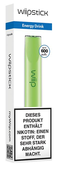 Grüner Wiip Stick Energy Drink 18mg in weißer Packung mit blauem Streifen, 1 Packung.