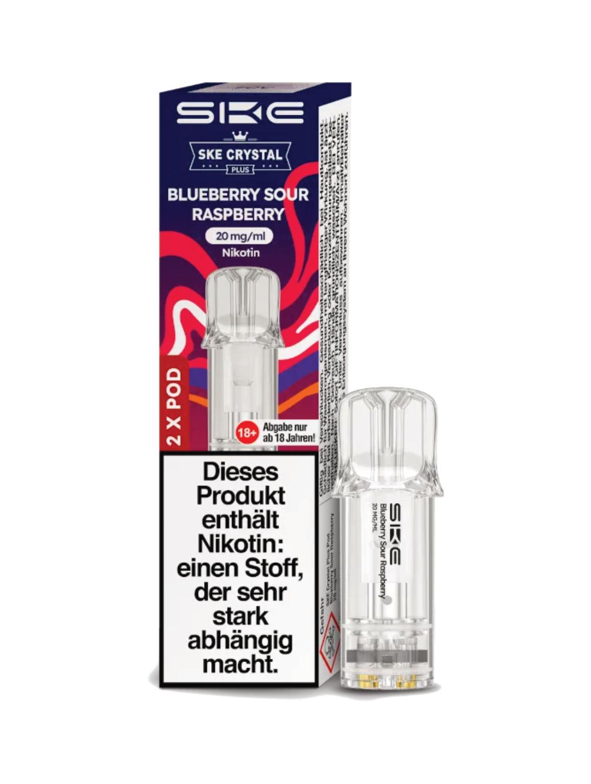 Crystal Plus Pod von SKE als 2er-Packung: Transparente, mit Nikotinsalzliquid vorbefüllte Cartridge mit silbernen Endkappen inklusive Produktverpackung.