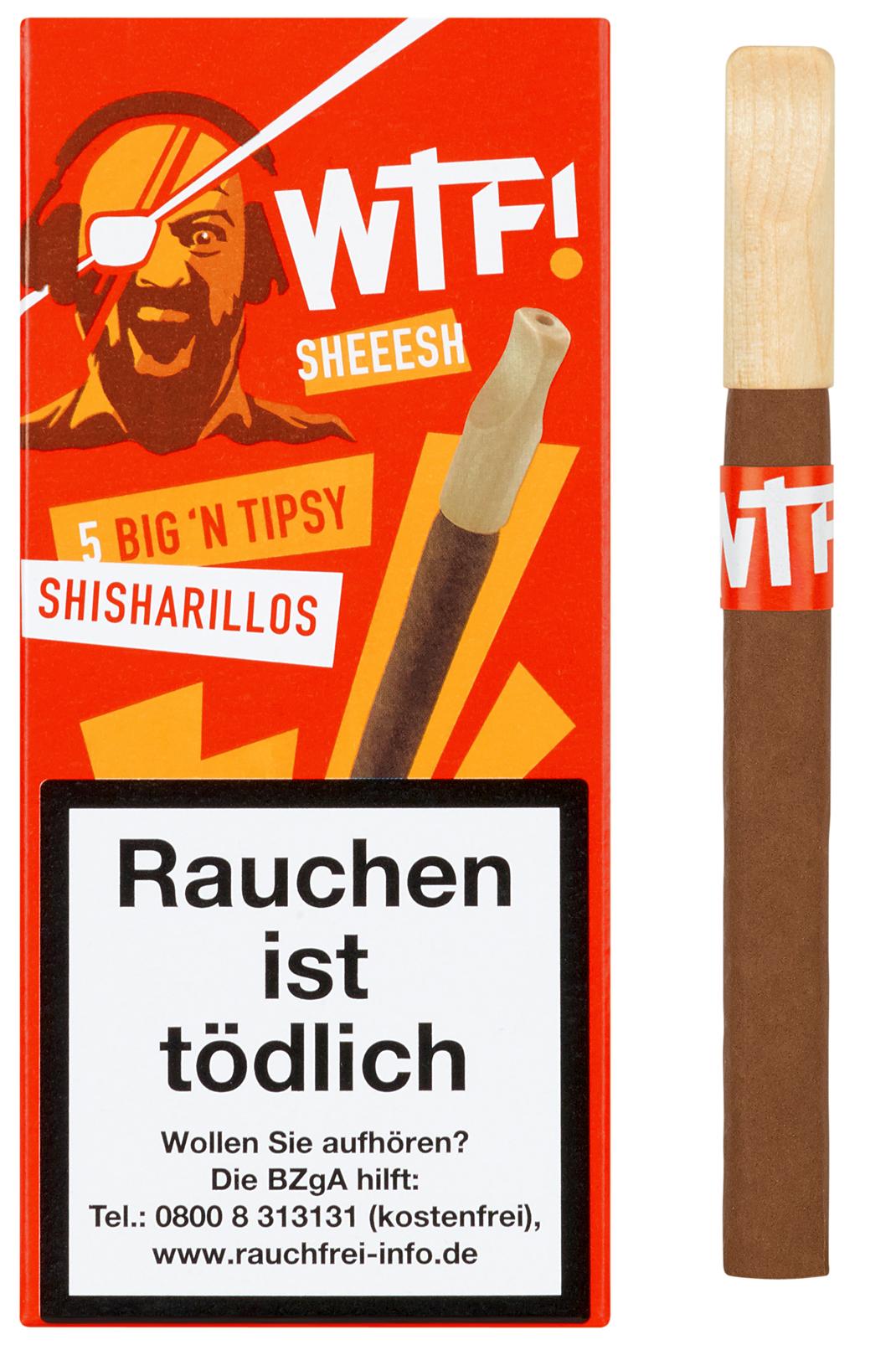 Stange WTF! Shisharillo Sheeesh Big`n Tipsy mit Vanille-Geschmack, bestehend aus 10 Packungen à 5 Stück. Die rot-orangefarbene Packung zeigt einen Cartoon-Mann mit Kopfhörern und Augenklappe und trägt den Warnhinweis 'Rauchen ist tödlich'.