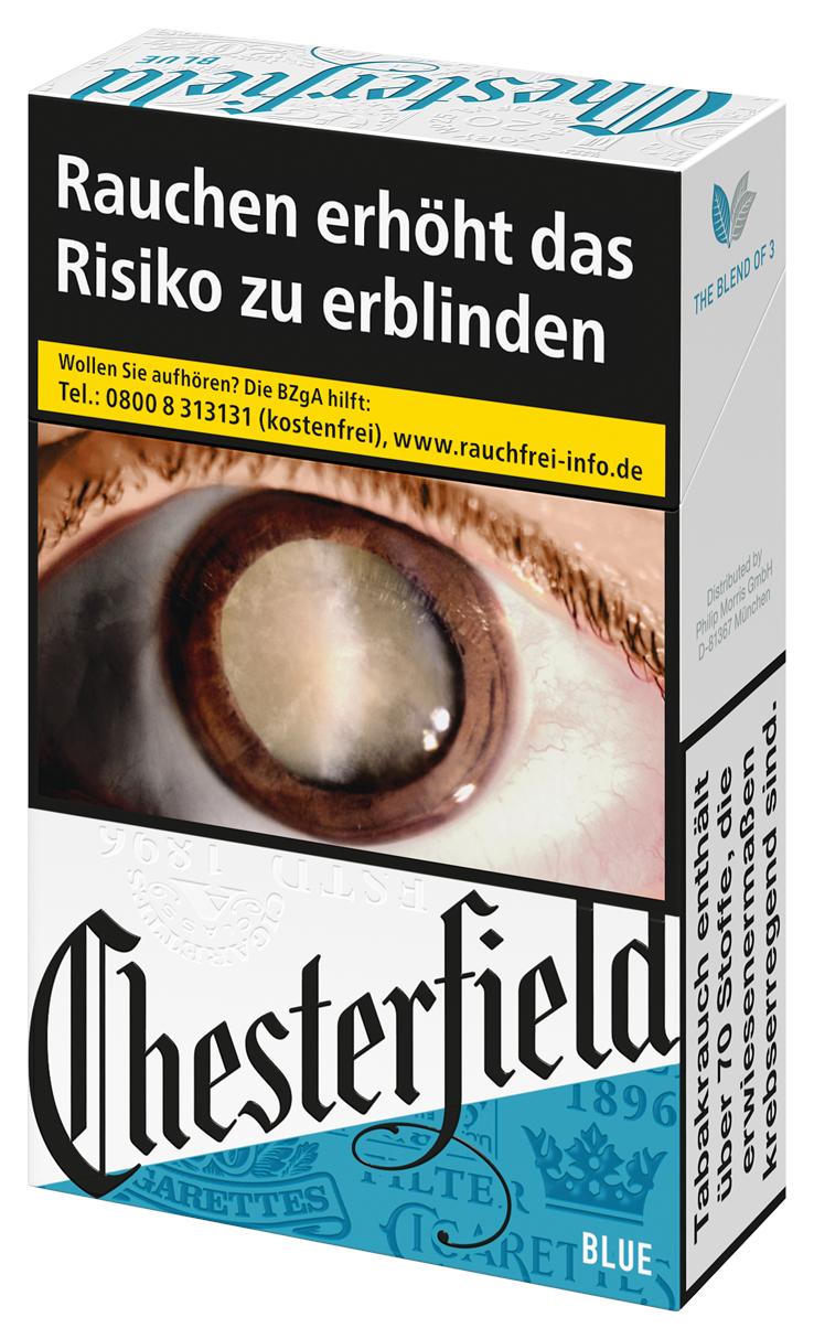 Packung Chesterfield Blue Zigaretten, mittelstarker Rauchgenuss, enthält 20 Stück.