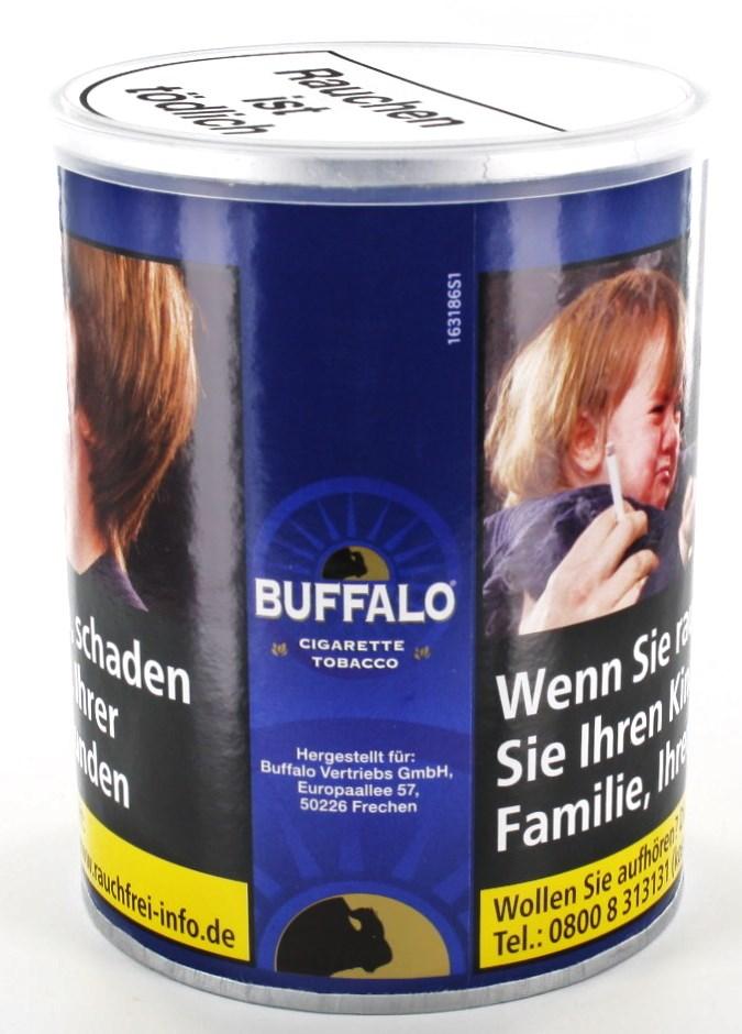 Blaue und weiße Dose Buffalo Zigarettentabak Blue der Marke Buffalo, milde Sorte. Enthält 140 Gramm Feinschnitttabak aus Halfzware Tabakmischung.