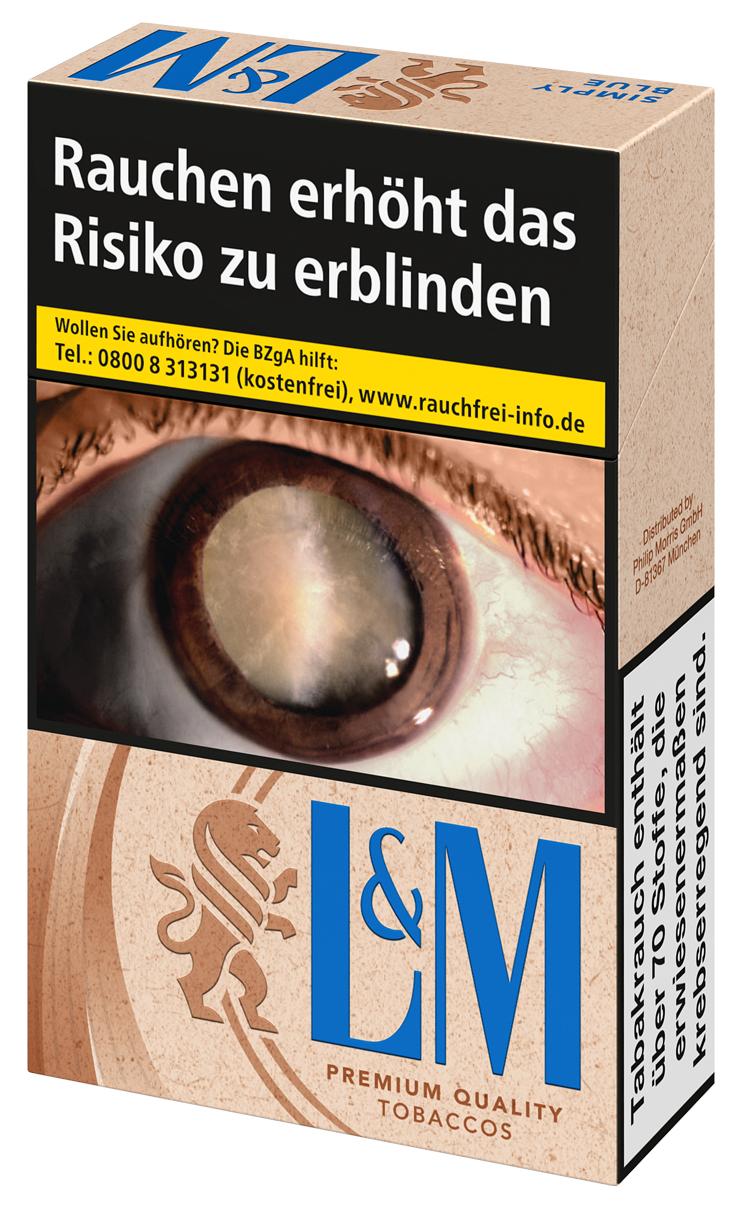 Packung L&M Simply Blue Zigaretten mit 20 Stück, beige/tanfarben mit blauem L&M Logo.