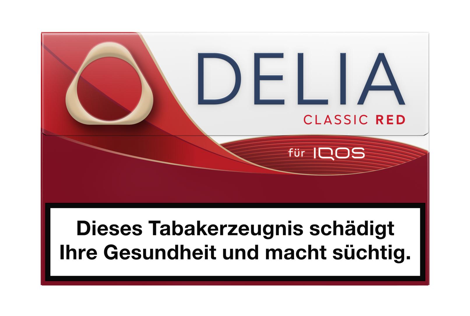 DELIA Classic Red Tabaksticks, 10 Packungen zu je 20 Stück, kompatibel mit IQOS ILUMA Geräten, in rot-weißer Verpackung mit Warnhinweis.