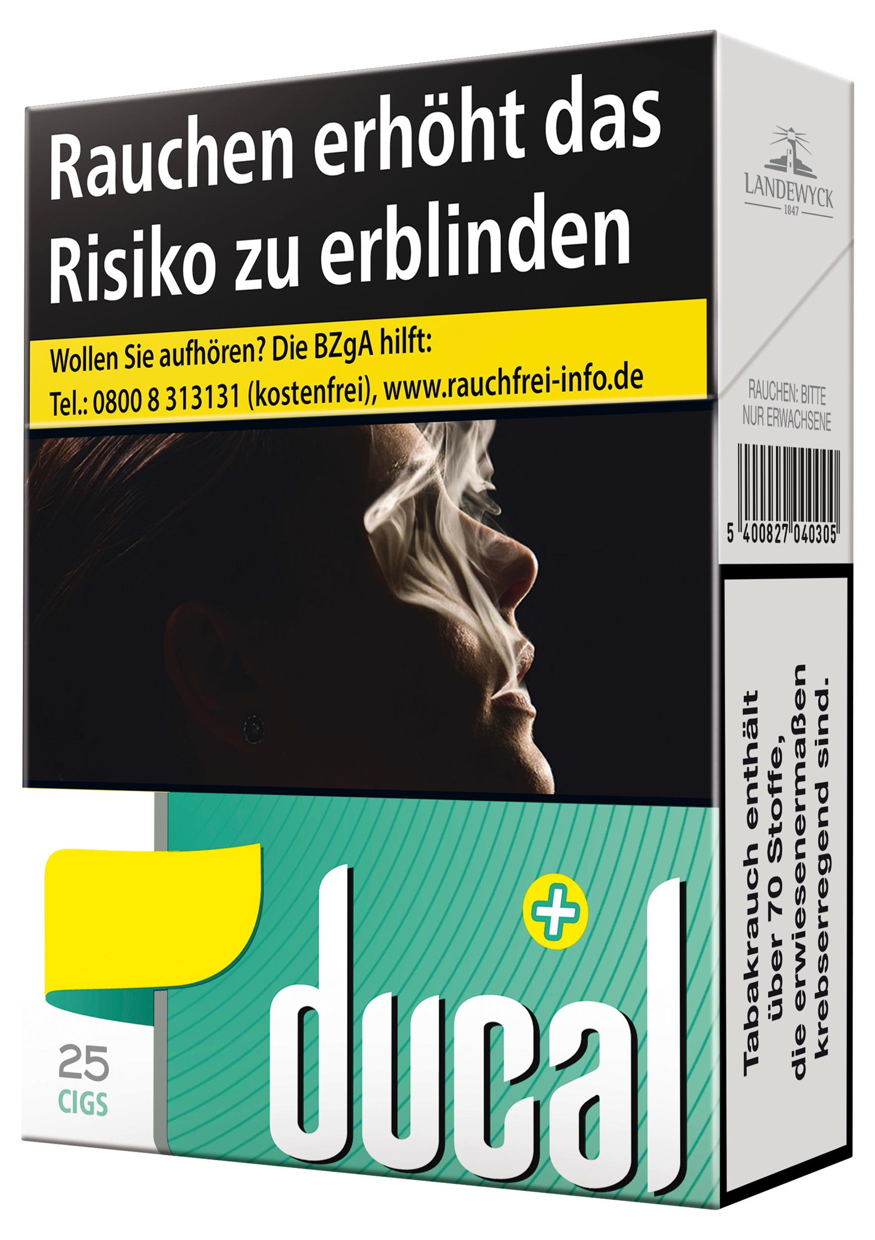 Schwarze Ducal Zigaretten Plus XL Packung mit türkiser Banderole und gelben Akzenten, geliefert als Stange mit 8 Packungen zu je 25 Stück.