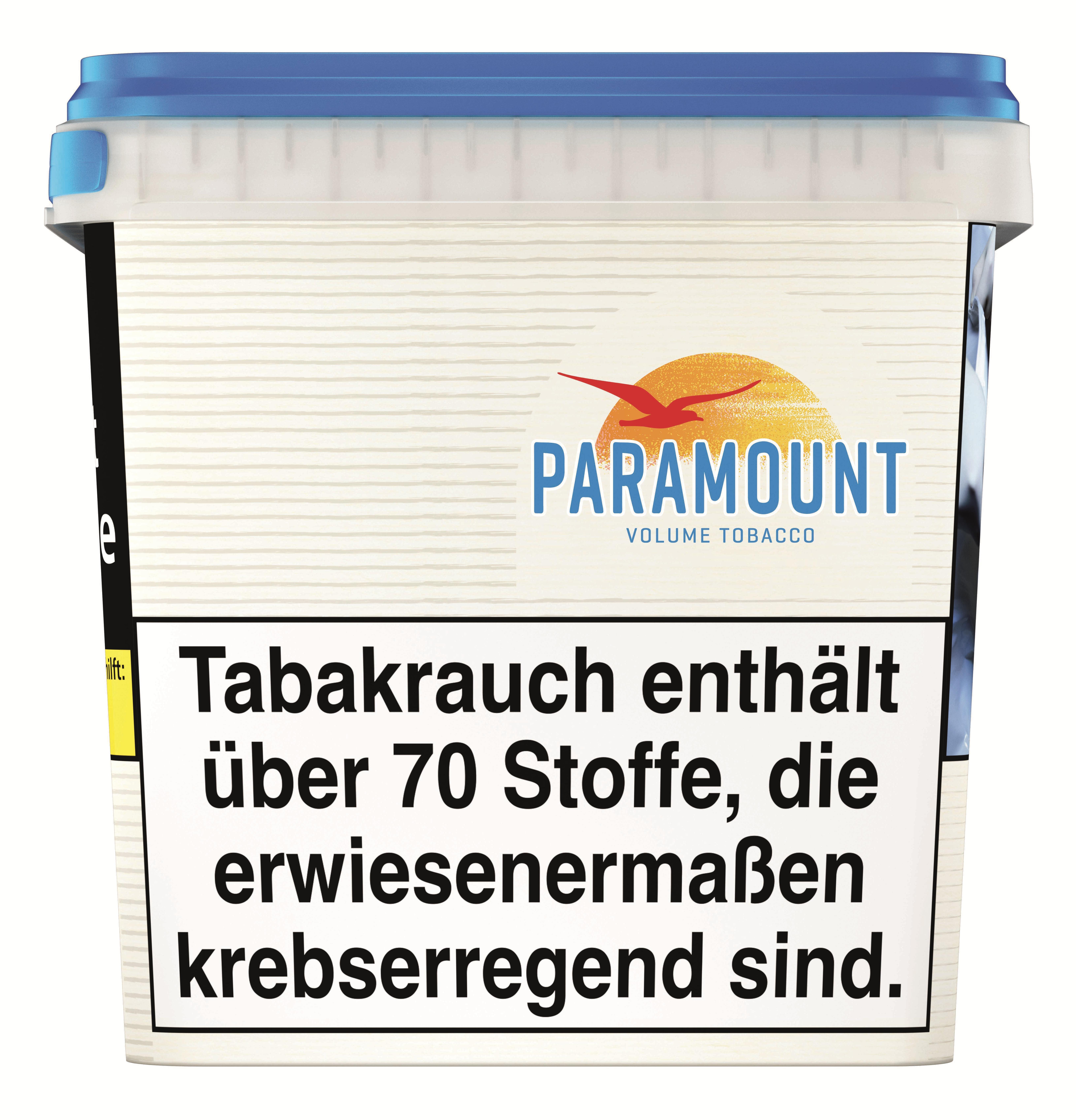Weißer Eimer Paramount Volumentabak, 220 Gramm Inhalt, mit blauem Deckel und Warnhinweis zum Tabakkonsum auf dem Etikett.