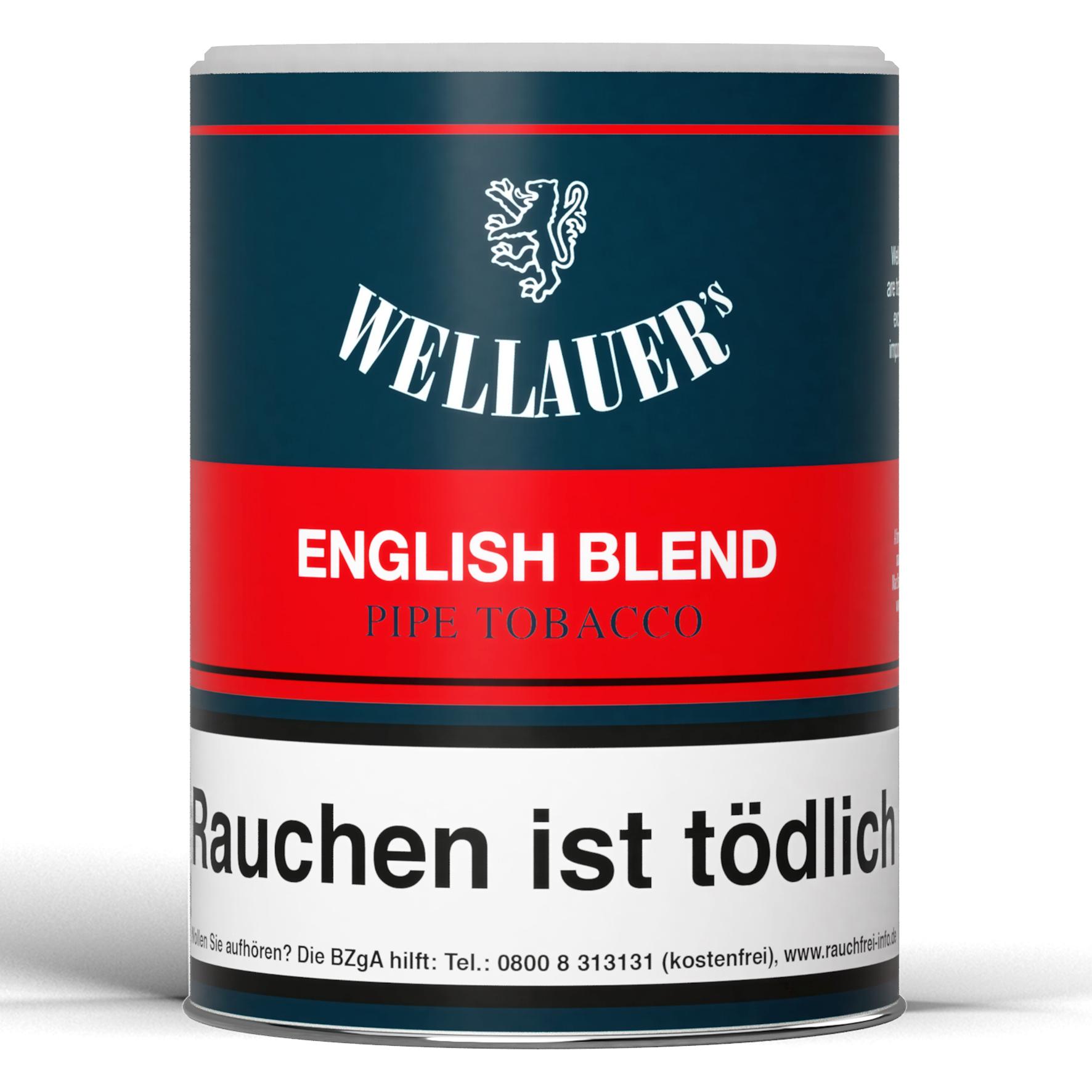 Wellauer´s Pfeifentabak English Blend in zylindrischer dunkelblau-roter Dose mit weissem Deckel, 180 Gramm.