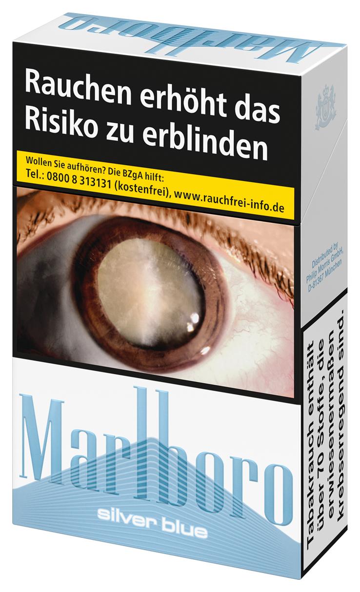 Marlboro Silver Blue Zigaretten in der 20er Packung von Philip Morris mit deutlichem Marlboro-Logo und Warnhinweisen zum Rauchen auf der Verpackung.