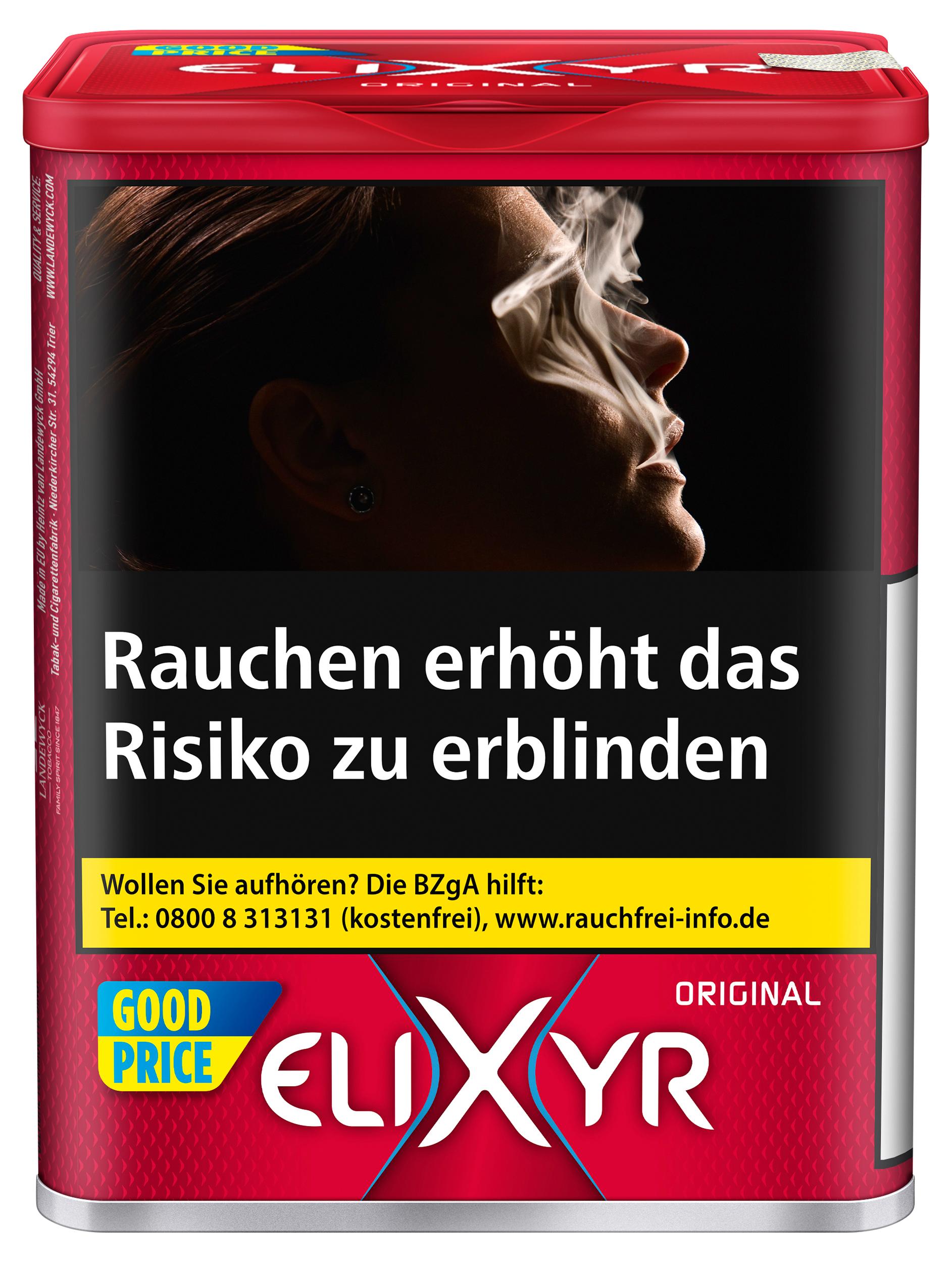 Elixyr Zigarettentabak Red Dose 102 Gramm in roter Dose mit schwarzem Etikett.