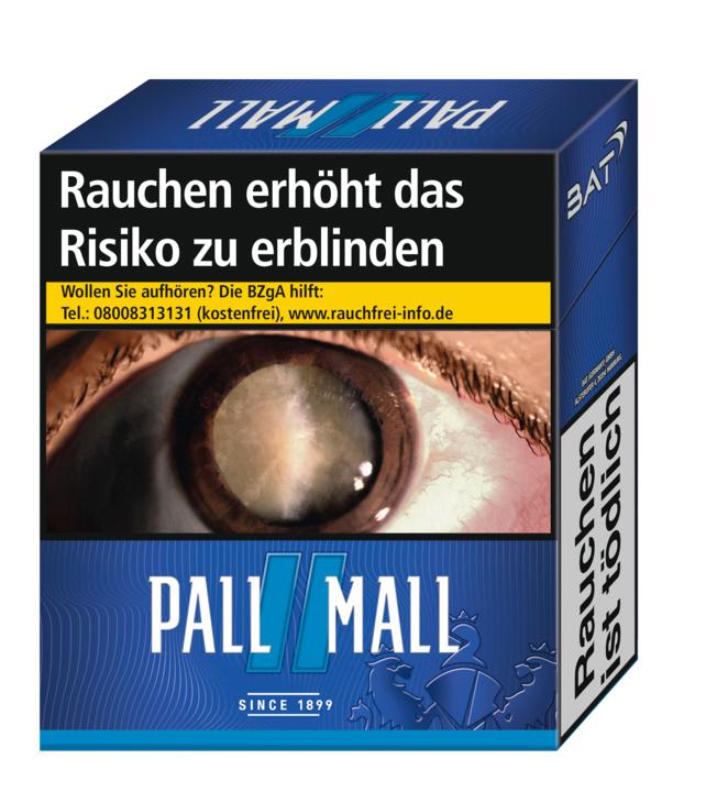 Blaue Pall Mall Zigaretten Blue Super Packung des Herstellers Pall Mall mit 33 Stück. Die Zigarettenschachtel ist blau und zeigt ein schwarz-weißes Label mit einem stilisierten Auge, dem Warnhinweis "Rauchen erhöht das Risiko zu erblinden", dem Schriftzug