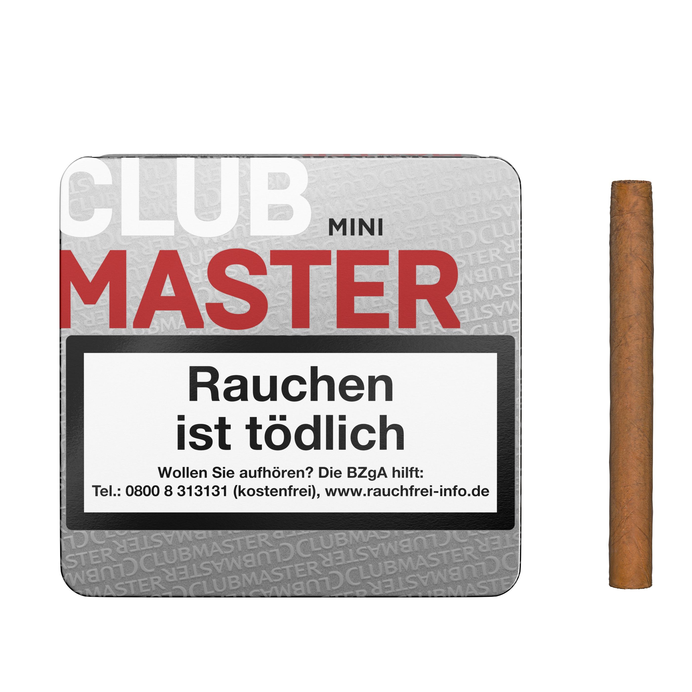 Clubmaster Mini Zigarillos in grauer Packung mit einer einzelnen Zigarillo, geliefert als Stange mit 5 Packungen zu je 20 Stück.