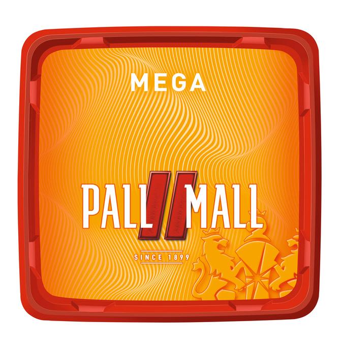 Pall Mall Allround Volumentabak in der 100 Gramm Mega Box, rotes Kunststoffbehältnis mit weißem Markenlogo, Schriftzug seit 1899 und Wappenemblem.