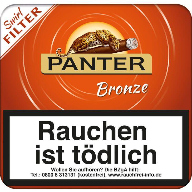 Orangefarbene Stange Panter Zigarillos Swirl Bronze Filter, bestehend aus 10 Packungen à 20 Stück, mit schwarzem Rand und weißem Label, das das Panter Logo und Warnhinweise trägt.