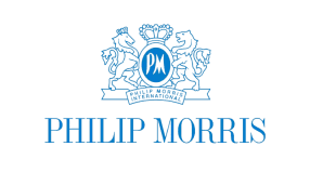 Blaues Logo von Philip Morris auf schwarzem Hintergrund mit Serifen-Schriftzug und schildförmigem Emblem inklusive stilisiertem PH und Flaggen-Design.