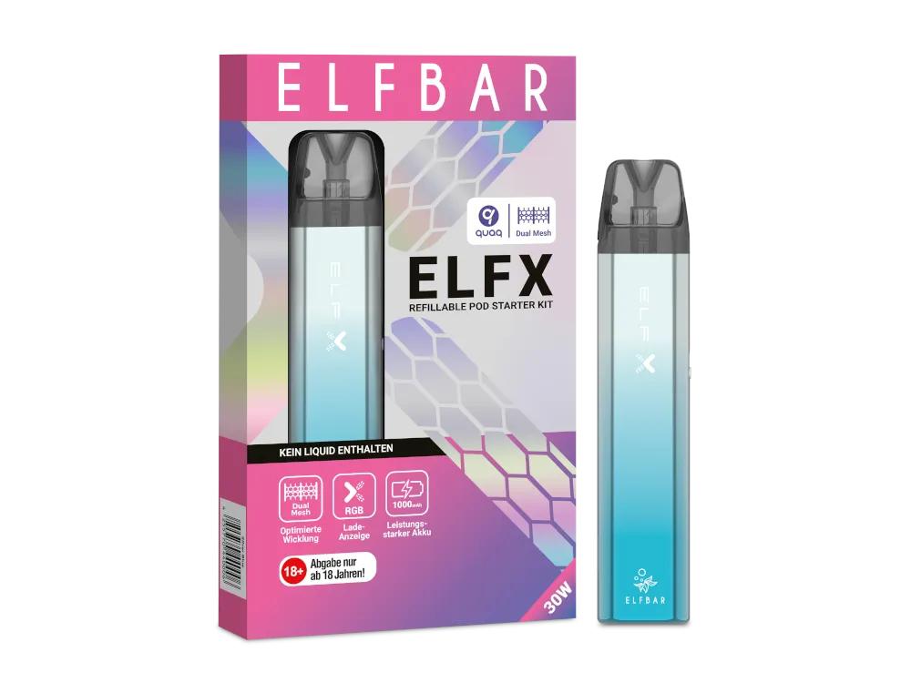Elfbar Elfx Silber Blau Refillable Pod Starter Kit als 1er-Packung in blauer und silberner Ausführung mit Clip.