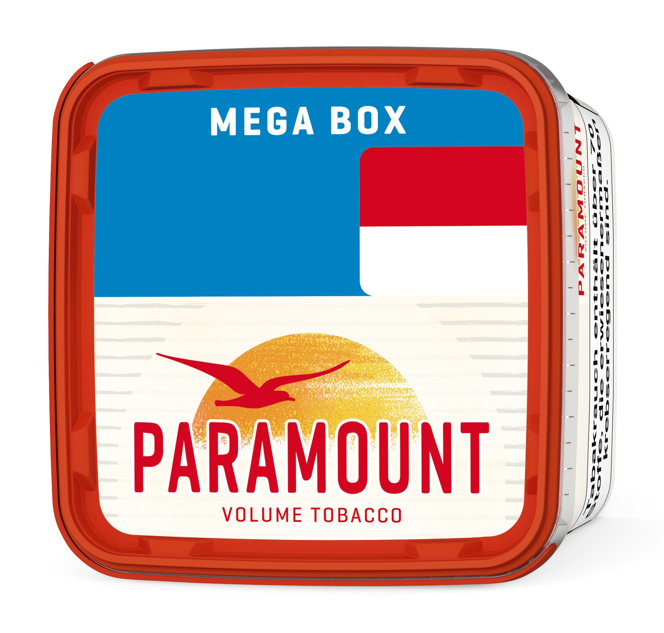 Paramount Volumentabak Mega Box in einer 115 Gramm Dose mit blau-rotem Design und dem Paramount Markenlogo auf weißem Hintergrund.