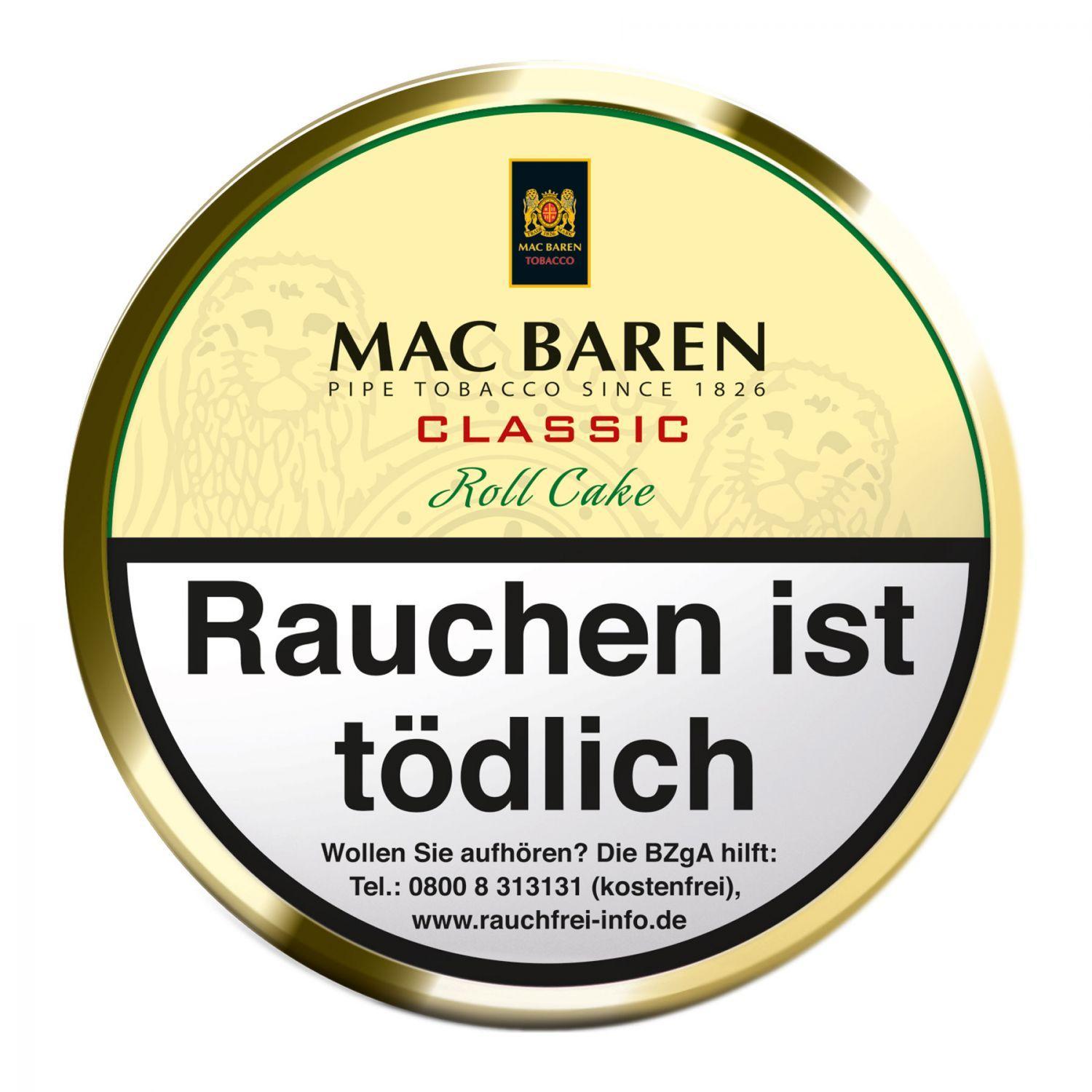 Mac Baren Classic Roll Cake Pfeifentabak in einer 100-Gramm-Dose. Der handgefertigte Pfeifentabak von Mac Baren, bestehend aus Virginia- und Dark Fired Kentucky-Tabakblättern mit Vanillearoma, wird seit 1826 hergestellt und ist als Roll Cake geformt. Die 