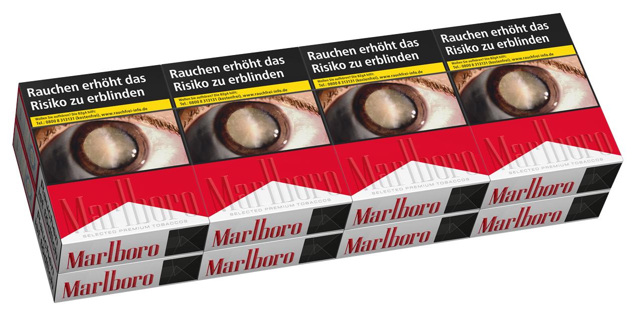Marlboro Red 2XL Zigaretten von Marlboro, bestehend aus 8 Packungen à 24 Stück. Rot-weiße Zigarettenpackungen mit dem Marlboro-Logo und deutschen Warnhinweisen.