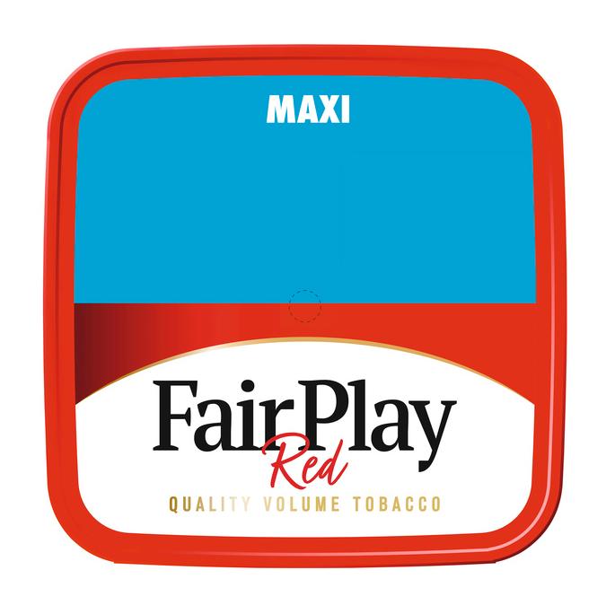 Fair Play Maxi Box Volumentabak (315g) in einer Dose. Quadratisches Etikett mit 'FairPlay Red Maxi' und 'Quality Volume Tobacco' auf blauem Grund.