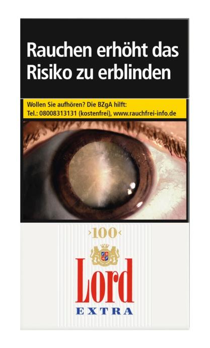 Lord Extra Zigarettenpackung im 100-mm-Format, geliefert als Stange mit 10 Packungen zu je 20 Stück, inkl. gesetzlich vorgeschriebenen Warnhinweisen.