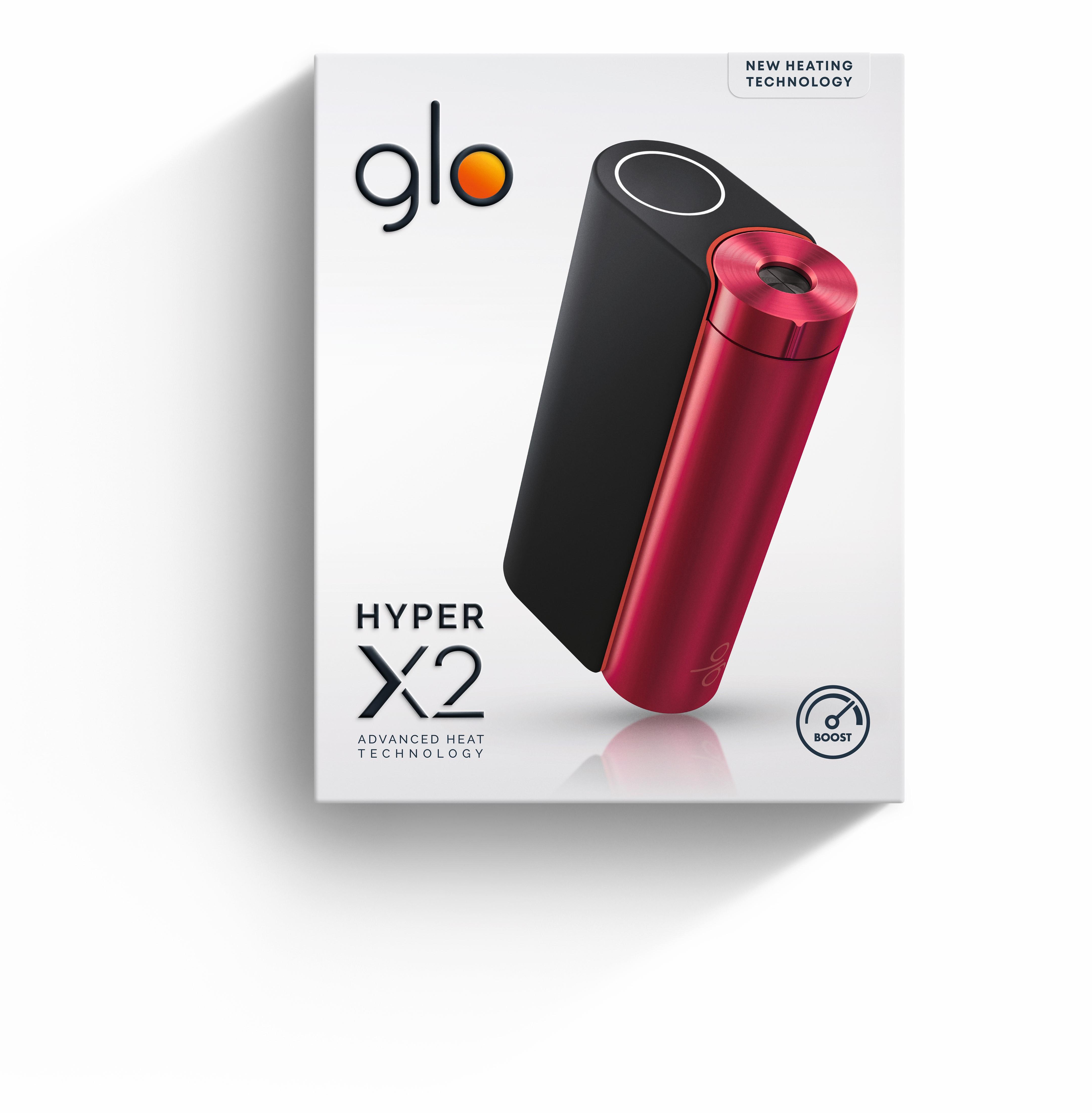 Schwarzer und roter Tabakerhitzer "glo hyper X2 Device Kit" von glo mit fortschrittlicher Heiztechnologie und Boost-Funktion in Einzelverpackung.