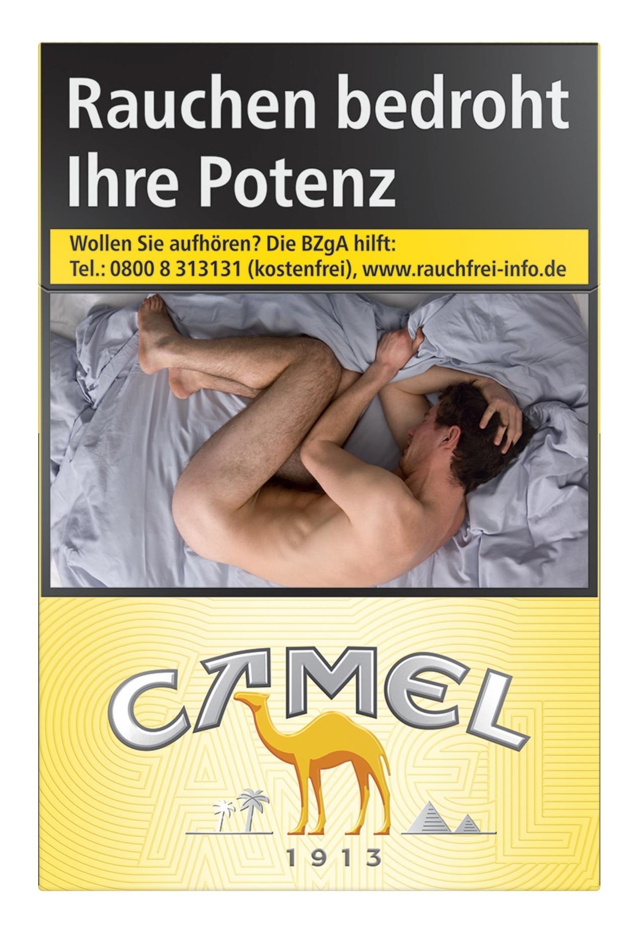Packung Camel Yellow Zigaretten, 20 Stück, mit silbernem Markenschriftzug und gelbem Kamel-Logo auf der Verpackung.