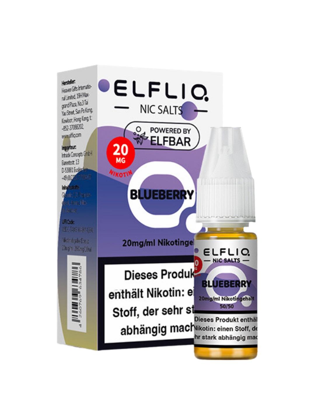 Amberfarbene Flasche ELFLIQ Nikotinsalz Liquid Blueberry 20mg von Elfbar in weiß-lila Box, 1 Packung.