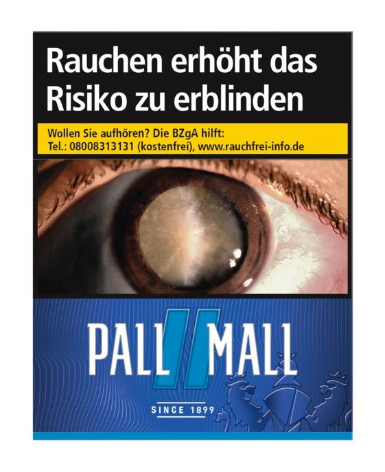 Pall Mall Blue King Zigaretten Packung in Blau mit Warnhinweis Auge und 39 Stück Inhalt.