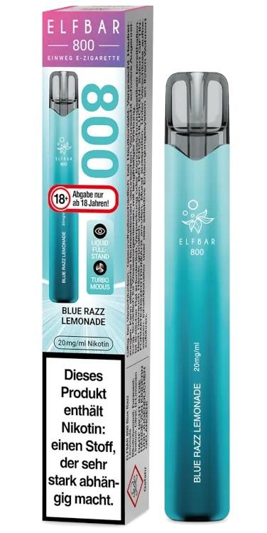 Blaue Elf Bar 800 E-Zigarette von Elf Bar mit 20mg Nikotin, verpackt in einer transparenten Hülle, 1 Stück.