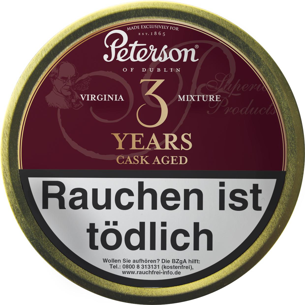 50-Gramm-Dose Peterson 3 Years Cask Aged Virginia Mischung Pfeifentabak in Rot-Gold, drei Jahre Fassreifung.