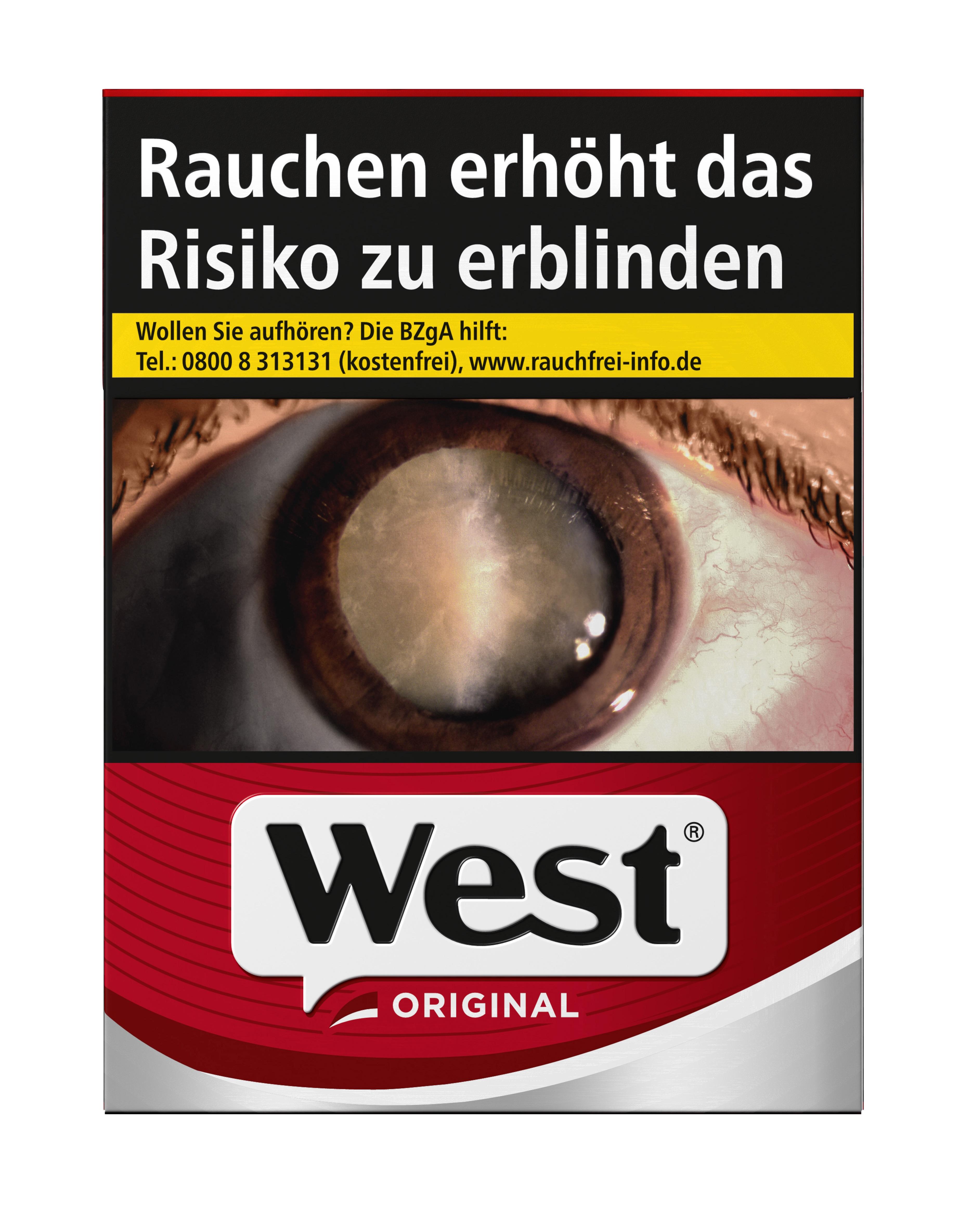 Eine Stange West Original Zigaretten von West, bestehend aus 8 Packungen á 25 Stück, in der charakteristischen roten Verpackung.