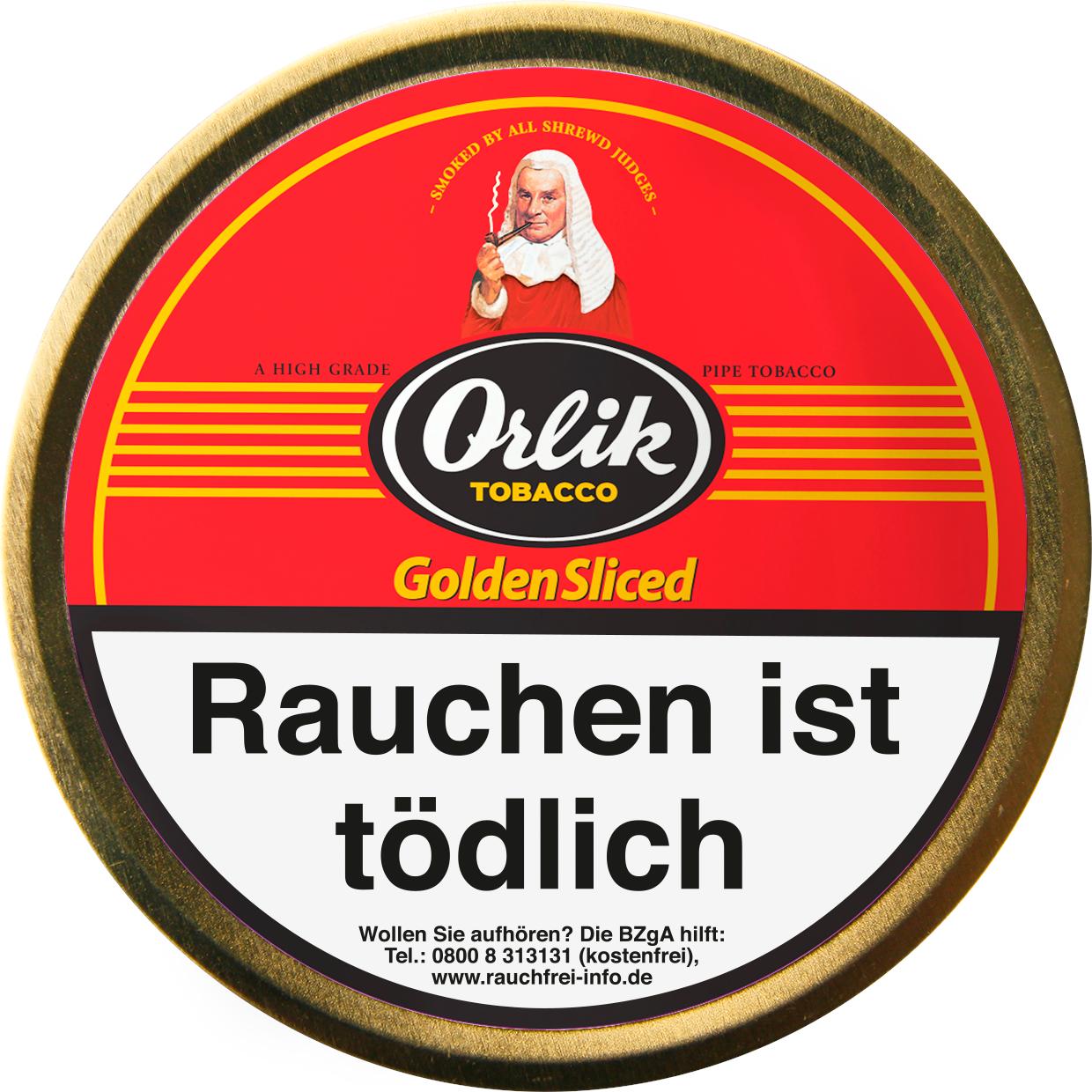 Runde 100 Gramm Dose Orlik Golden Sliced Pfeifentabak mit rotem Etikett, Abbildung eines Pfeifenrauchers und Warnhinweis zur Rauchergesundheit.