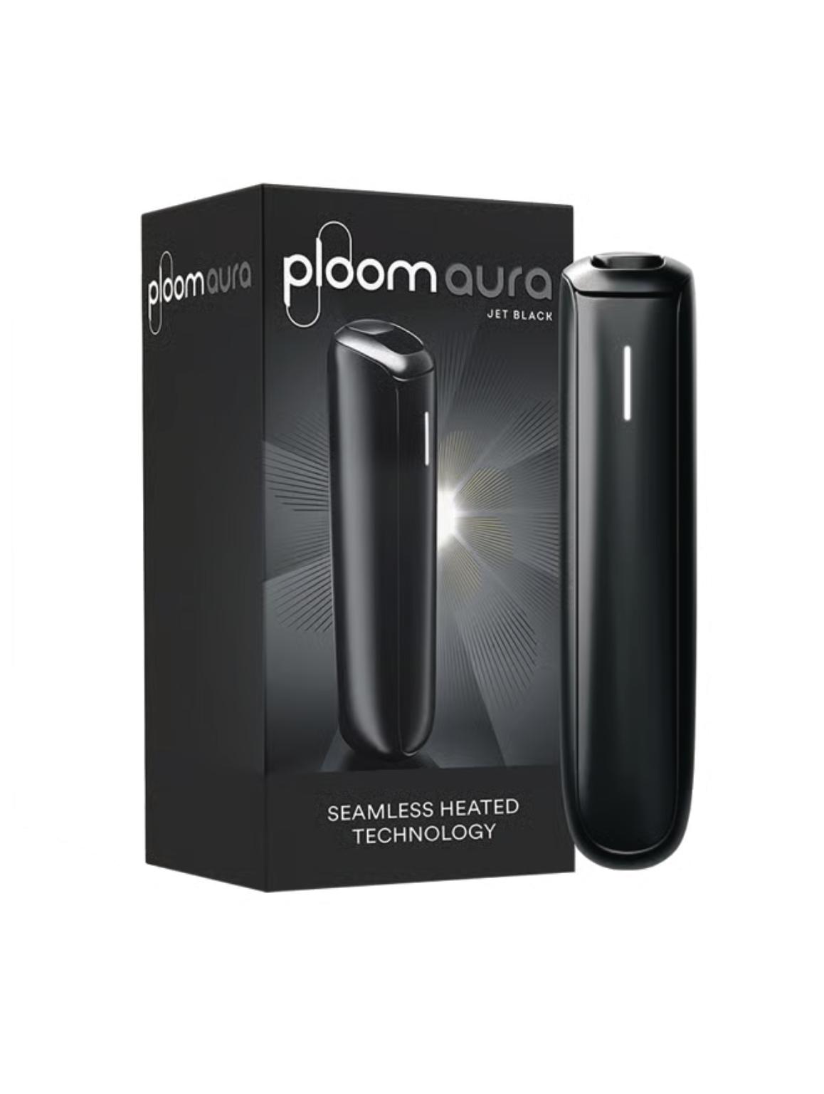 Schwarzes PLOOM Aura Jet Black Gerät neben der Produktverpackung mit Heat-not-Burn-Technologie, 1 Packung mit einem Gerät.