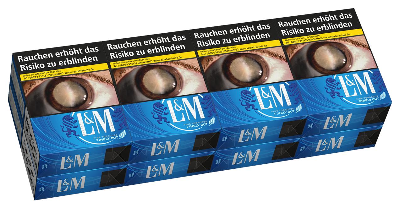 Produktfoto: Eine Stange L&M Blue 2XL schmale Zigaretten, bestehend aus 8 blau verpackten Packungen à 26 Stück, jede Schachtel mit Augenmotiv und Warnhinweis.