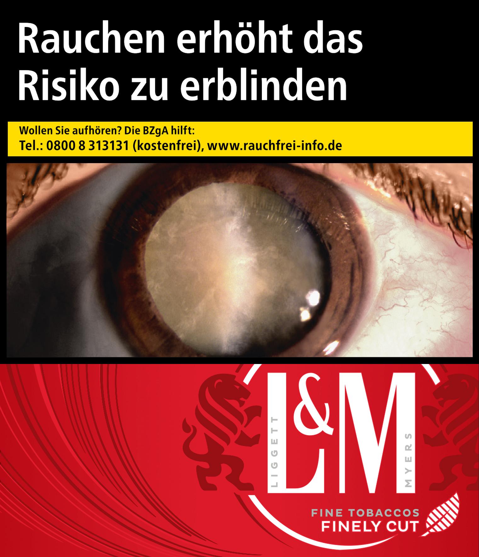Schwarz-weiße Anzeige für L&M Red 6XL Zigaretten, Packung mit 41 Stück Inhalt. Zu sehen ist eine Nahaufnahme eines Auges mit brauner Iris und dem Warnhinweis "Rauchen erhöht das Risiko zu erblinden".