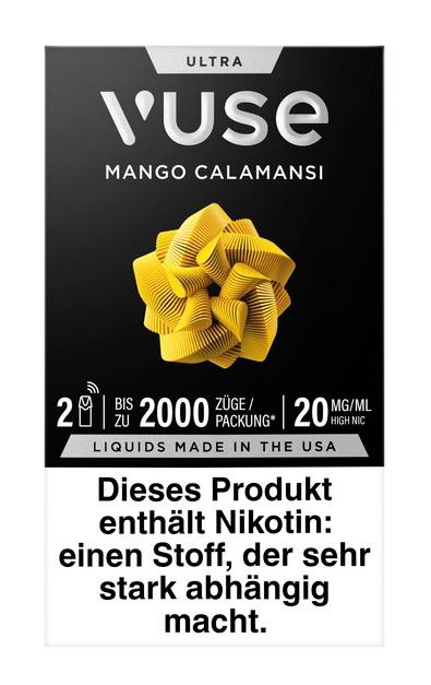 Eine schwarze Vuse Ultra E-Zigaretten Pod-Packung, die 2 Liquids mit je 20 mg/ml Nikotin enthält.