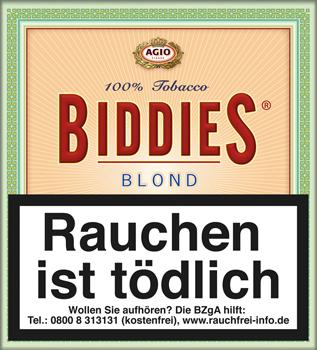 Beige-cremefarbene Packung Biddies Zigarillos 100% Blond von Agio mit grünem Rand und rotem Schriftzug, 5 Packungen á 20 Stück.