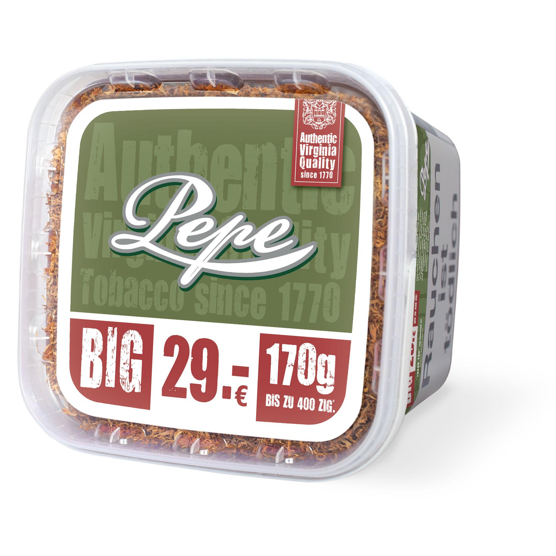 Transparenter, grüner Eimer Pepe Volumentabak Rich Green XXXL von Pepe, gefüllt mit 170 Gramm Virginia Tabak ohne Zusatzstoffe. Das weiße Etikett des Eimers zeigt das Pepe Logo und den Hinweis auf Virginia Qualität seit 1770. Die Tabakblätter im Inneren s